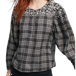 Anthropologie Akemi + Kin Grey/Black Plaid Flannel Pearl Embellished Shirt S